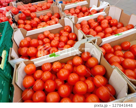 Fresh Red Tomatoes Neatly Arranged in Boxes at a Market During Midday Hours Fresh Red Tomatoes Neatly Arranged in Boxes at a Market During Midday Hours 127841648