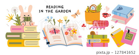 Summer set with books, flowers and cute details for garden reading and relaxation. Trendy modern vector illustration isolated on white background, hand drawn, flat design Summer set with books, flowers and cute details for garden reading and relaxation. Trendy modern vector illustration isolated on white background, hand drawn, flat design 127841652