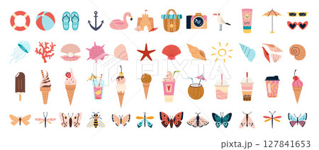 Big set of cute summer icons including various ice cream, seashells, butterflies, flowers and beach elements.  Trendy modern vector illustration isolated on white background, hand drawn, flat design 127841653