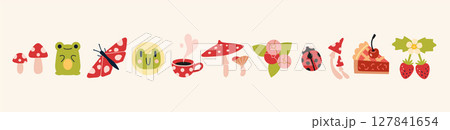 Cute summer set with nature elements including flowers, berries, mushrooms, snails, frogs and dessert. Trendy modern vector illustration isolated on white background, hand drawn, flat design Cute summer set with nature elements including flowers, berries, mushrooms, snails, frogs and dessert. Trendy modern vector illustration isolated on white background, hand drawn, flat design 127841654