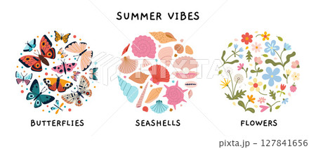 Round summer vibes compositions with colorful butterflies, seashells and wildflowers. Trendy modern vector illustration isolated on white background, hand drawn, flat design 127841656