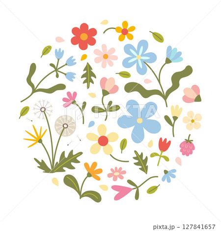 Round summer or spring composition with wildflowers, butterflies and leaves in soft pastel colors. Trendy modern vector illustration isolated on white background, hand drawn, flat design 127841657