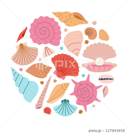 Round summer composition with various seashells and starfish. Marine art for beach themes and nautical decor. Trendy modern vector illustration isolated on white background, hand drawn, flat design 127841658