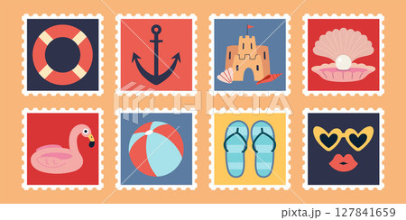 Set of summer postage stamps with beach elements like lifebuoy, anchor, sand castle, seashell, flamingo, ball, flip-flops and sunglasses. Trendy modern vector illustration, hand drawn, flat design Set of summer postage stamps with beach elements like lifebuoy, anchor, sand castle, seashell, flamingo, ball, flip-flops and sunglasses. Trendy modern vector illustration, hand drawn, flat design 127841659