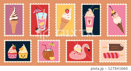 Set of bright summer postage stamps with ice cream, frozen desserts, fruity drinks, milkshakes and tropical cocktails. Trendy modern vector illustration, hand drawn, flat design Set of bright summer postage stamps with ice cream, frozen desserts, fruity drinks, milkshakes and tropical cocktails. Trendy modern vector illustration, hand drawn, flat design 127841660