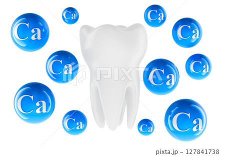 Molar tooth with calcium spheres. Calcium protection for teeth. Tooth strength concept. 3D rendering 127841738
