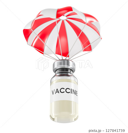 Parachute with medical vaccine vial. Delivery, healthcare access and immunization support, 3d rendering 127841739