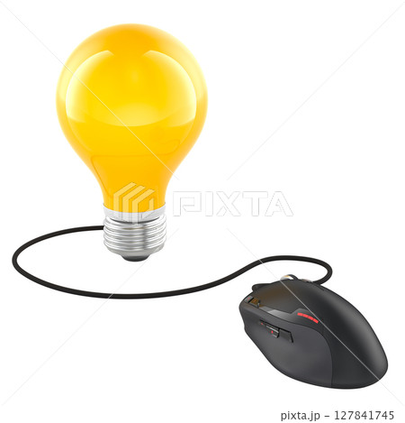 Yellow light bulb with computer mouse, Digital creativity, innovation and idea generation online, concept. 3d rendering 127841745