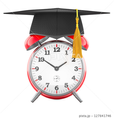 Alarm clock with graduation cap. Education time management, concept. 3d rendering 127841746
