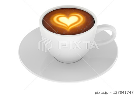 Coffee cup with heart latte art. 3D rendering 127841747