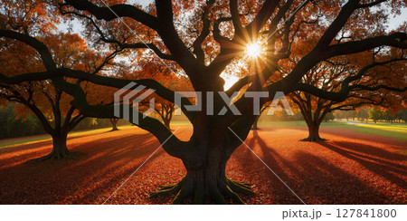 紅葉している巨大オークの木　夕焼けの風景　AI生成画像 127841800