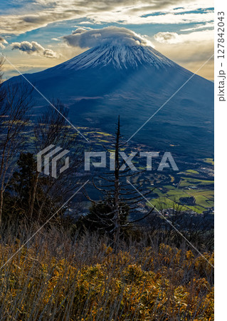 毛無山稜線から見る朝日差す富士山 127842043