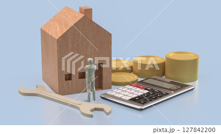 The Wood House and calculator for property or Building concept 3d Rendering. 127842200