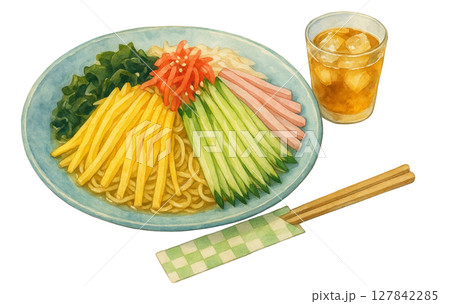 水彩で描く冷やし中華と冷たい麦茶のイラスト 水彩で描く冷やし中華と冷たい麦茶のイラスト 127842285