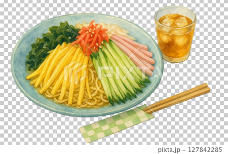 水彩で描く冷やし中華と冷たい麦茶のイラスト 水彩で描く冷やし中華と冷たい麦茶のイラスト 127842285