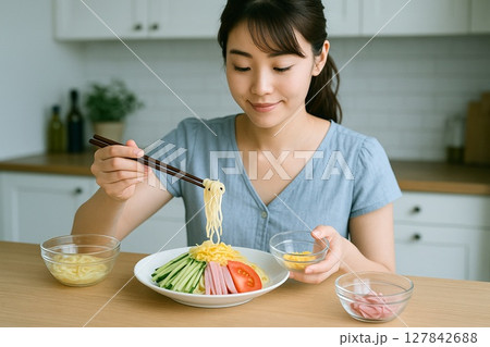 冷やし中華を食べる女性 夏の涼感と笑顔の食卓シーン 盛りつけ中 127842688