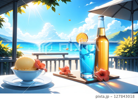 夏の海を彩る涼しげなドリンクとアイスクリーム 夏の海を彩る涼しげなドリンクとアイスクリーム 127843018