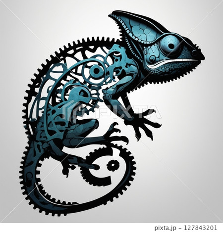【グッズデザイン向け】カメレオンと歯車の融合アート 【グッズデザイン向け】カメレオンと歯車の融合アート 127843201