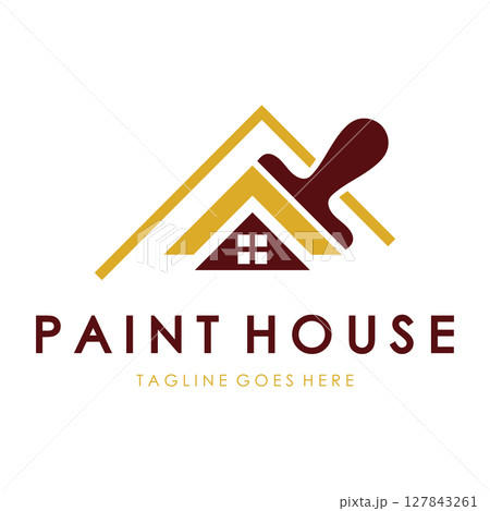 logo icon illustration house paint with a blend of brushes and rollers for house wall paint design, minimalist house, painting, interior, building, property business, wallpaper, vector concept 127843261