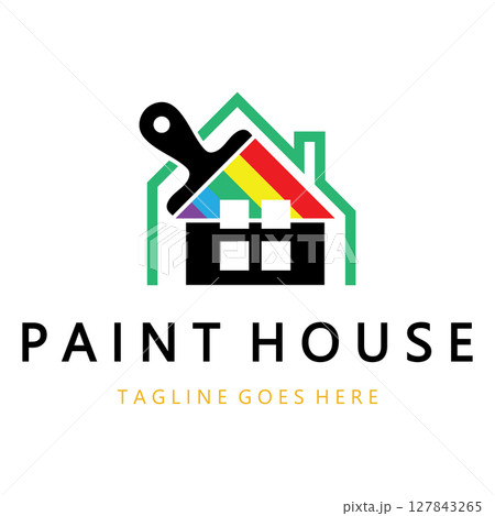 logo icon illustration house paint with a blend of brushes and rollers for house wall paint design, minimalist house, painting, interior, building, property business, wallpaper, vector concept 127843265