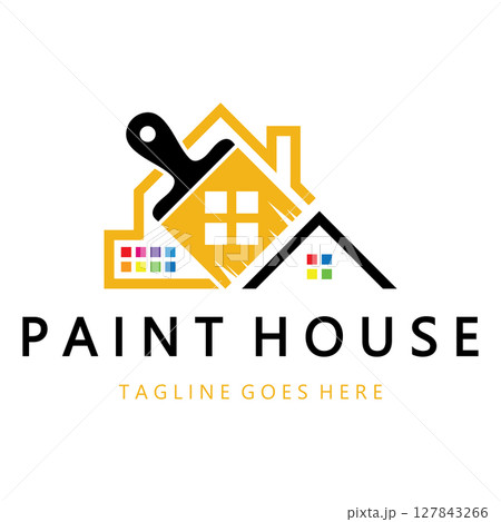logo icon illustration house paint with a blend of brushes and rollers for house wall paint design, minimalist house, painting, interior, building, property business, wallpaper, vector concept 127843266