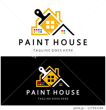 logo icon illustration house paint with a blend of brushes and rollers for house wall paint design, minimalist house, painting, interior, building, property business, wallpaper, vector concept 127843284