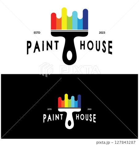 logo icon illustration house paint with a blend of brushes and rollers for house wall paint design, minimalist house, painting, interior, building, property business, wallpaper, vector concept 127843287