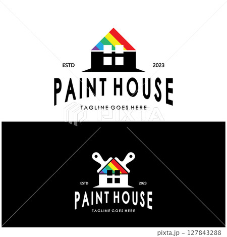 logo icon illustration house paint with a blend of brushes and rollers for house wall paint design, minimalist house, painting, interior, building, property business, wallpaper, vector concept 127843288