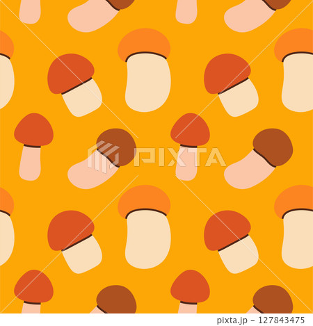 Mushrooms seamless pattern. Autumn isolated mushrooms on yellow background. Square repeat pattern flat design for fall season. 127843475