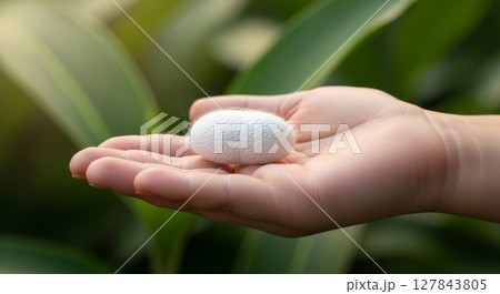 Delicate White Silkworm Cocoon Resting on Gentle Open Palm with Soft Green Blurred Background 127843805