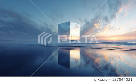 夕日の海辺に佇む神秘のキューブ 127844021