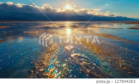 美しい夕日と青空がキラキラ反射する幻想的な水面写真 127844263