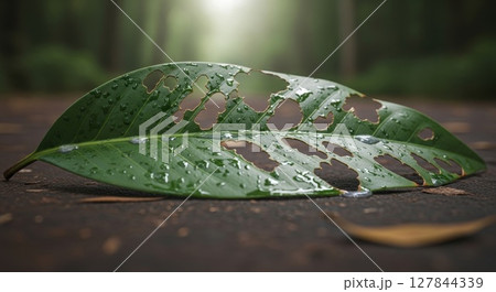 Damaged Green Leaf with Water Droplets on Rough Surface Macro Photography	 127844339