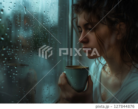 雨の窓辺でコーヒーを飲みながら物思いにふける女性 127844876
