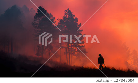 Firefighter stands silhouetted against dramatic sunset, surrounded by smoke and flames forest. scene captures intensity and bravery 127845004
