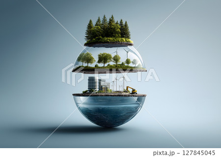 Futuristic globe divided into three layers, showcasing forest, renewable energy sources, and urban development, symbolizes harmony with nature 127845045