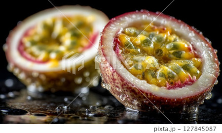 Closeup of Two Halves of Juicy Passion Fruit with Water Droplets Closeup of Two Halves of Juicy Passion Fruit with Water Droplets 127845087