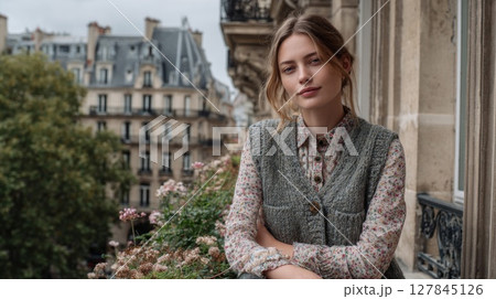 Woman in Grey Vest and Floral Blouse on Parisian Balcony 127845126