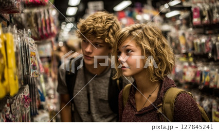 Teenage Couple Browsing Products in a Busy Store 127845241