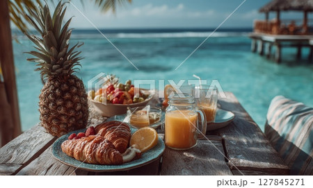 Tropical Beach Breakfast: Pineapple, Fruit Salad, and Croissant with Orange Juice 127845271