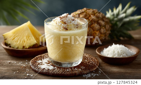 Creamy Pineapple Coconut Smoothie on Wooden Table Creamy Pineapple Coconut Smoothie on Wooden Table 127845324