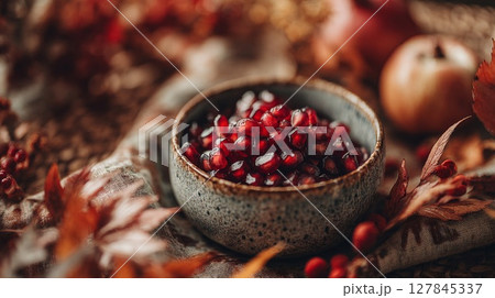 Red Pomegranate Seeds in Rustic Bowl Autumn Still Life 127845337