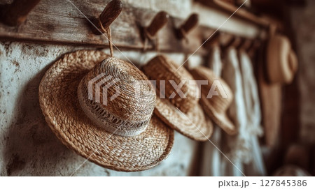Rustic Straw Hats Hanging on Wooden Wall Rustic Straw Hats Hanging on Wooden Wall 127845386