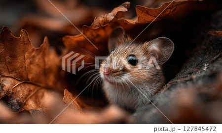 Small Mouse Among Autumn Leaves Closeup 127845472