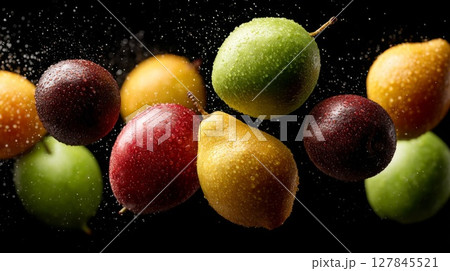 Colorful Pears and Passion Fruits Splashing on Black Background Colorful Pears and Passion Fruits Splashing on Black Background 127845521