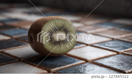 Closeup of a Halved Kiwi on a Brown and Beige Tiled Surface Closeup of a Halved Kiwi on a Brown and Beige Tiled Surface 127845522