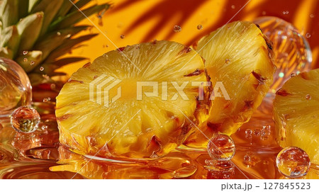 Ripe Pineapple Slices in Water Droplets on Orange Background 127845523
