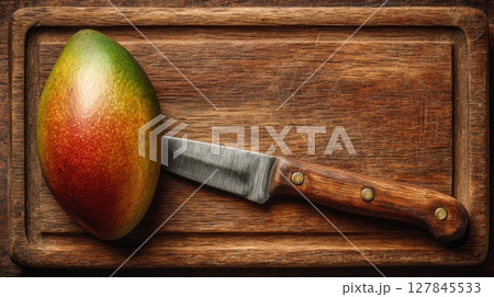 Ripe Mango and Knife on Rustic Wooden Board 127845533