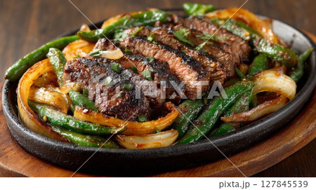 Sizzling Steak with Green Beans and Onions on Cast Iron Skillet 127845539