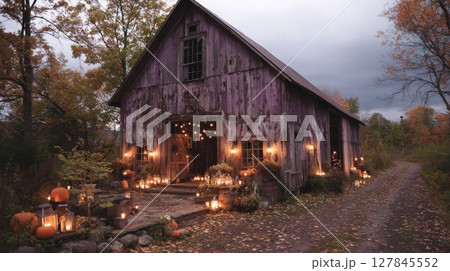 Rustic Barn Decorated for Autumn with Pumpkins and Candles Rustic Barn Decorated for Autumn with Pumpkins and Candles 127845552